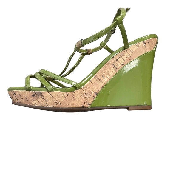 Ana Lime Green and Brown Color Block Summer Ankle Strap High Heel Wedge Sandals - Picture 4 of 15